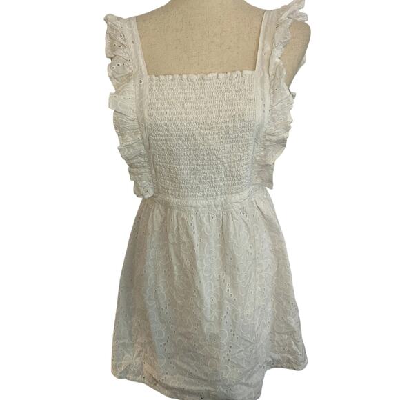 NWT Lulus White Ruffle Pinafore 100% Cotton Mini Dress Smocked Top Size M - Picture 1 of 11